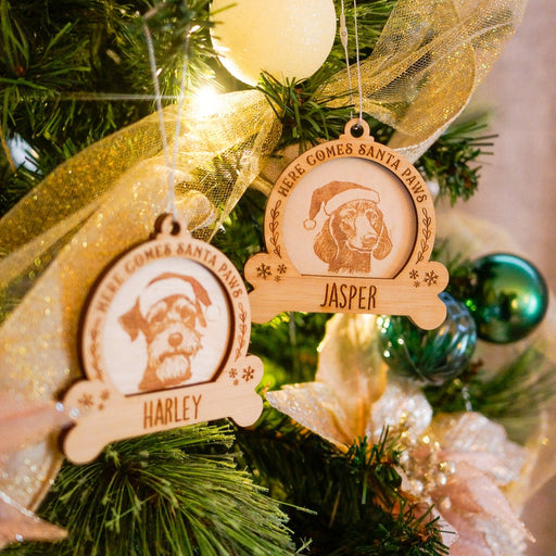 Santa Paws Engraved Portrait Bauble | Custom Christmas Décor and Gifts NZ AU - used in a tree