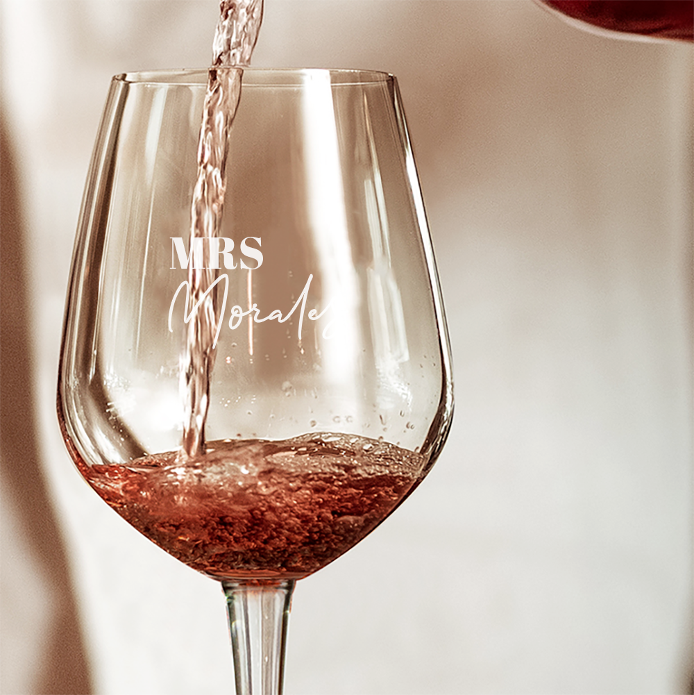 Mr & Mrs Engraved Mahana Wine Glass | Personalised Gifts Drinkware NZ - closeup detail