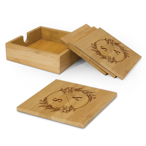 Wreath Initials Bamboo Coaster Set with Holder | Personalised Gifts NZ