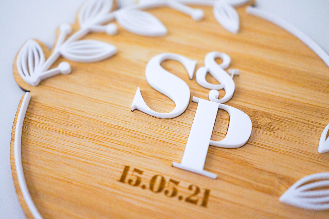 Initials with Wreath Wooden Wedding Cake Topper