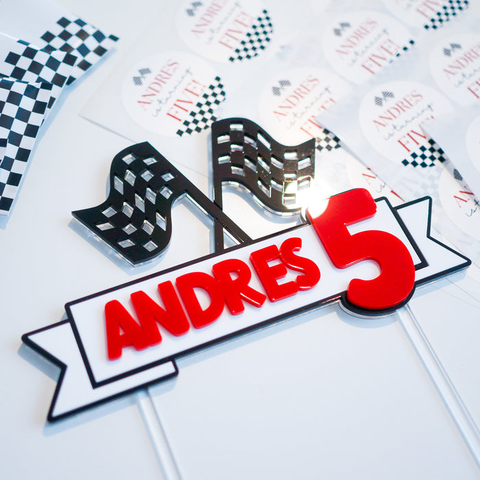 Racing Flags Name and Age Acrylic Cake Topper