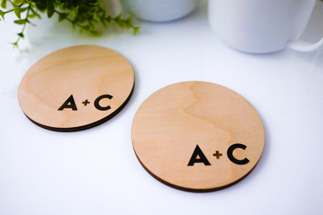 Couple Initial Minimalist Wooden Coaster