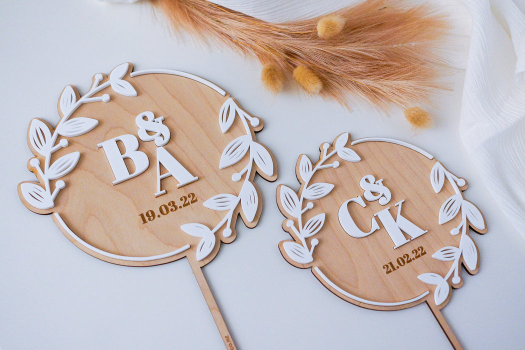 Initials with Wreath Wooden Wedding Cake Topper